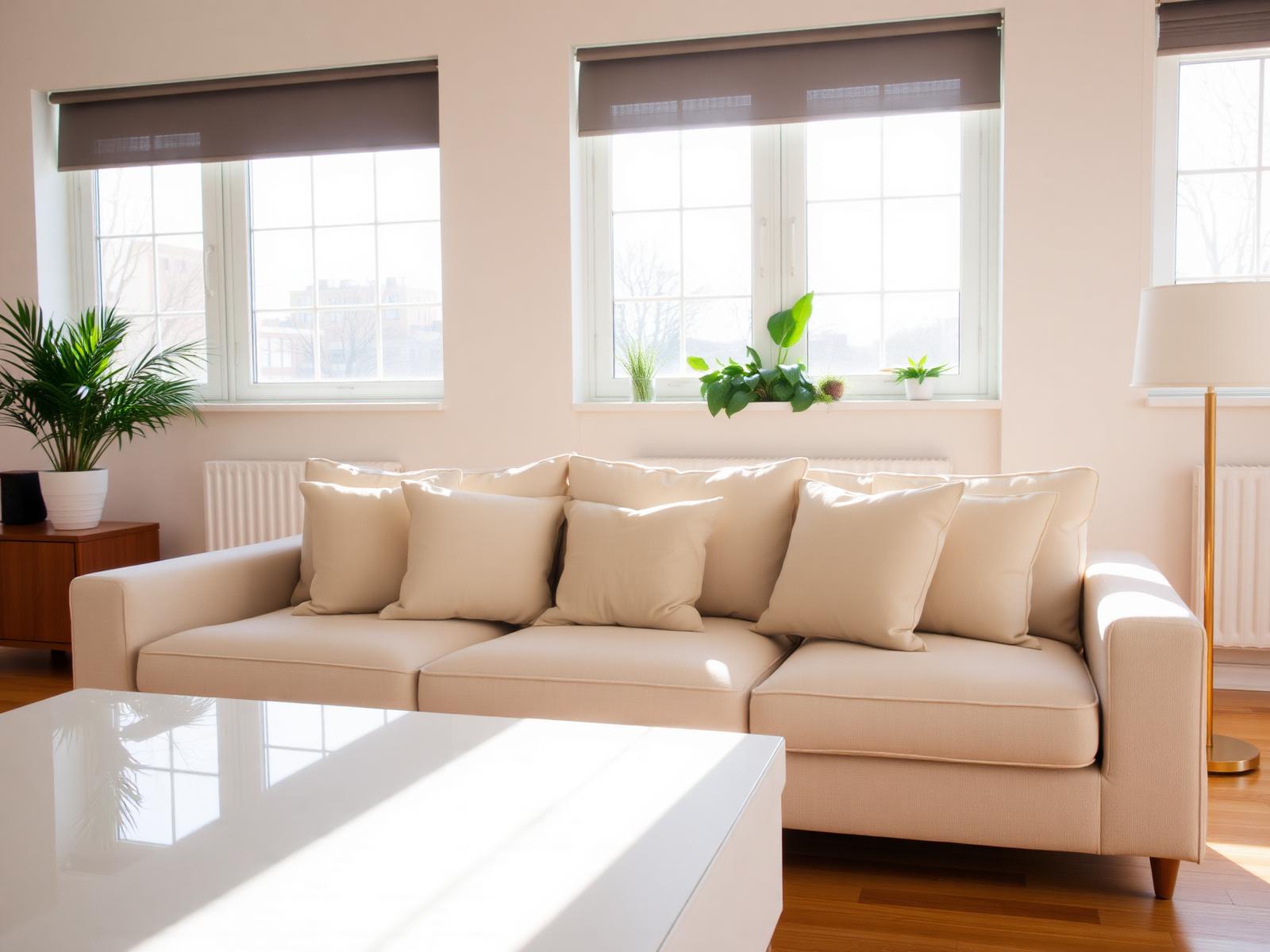 Bright, freshly cleaned living room with sunlight